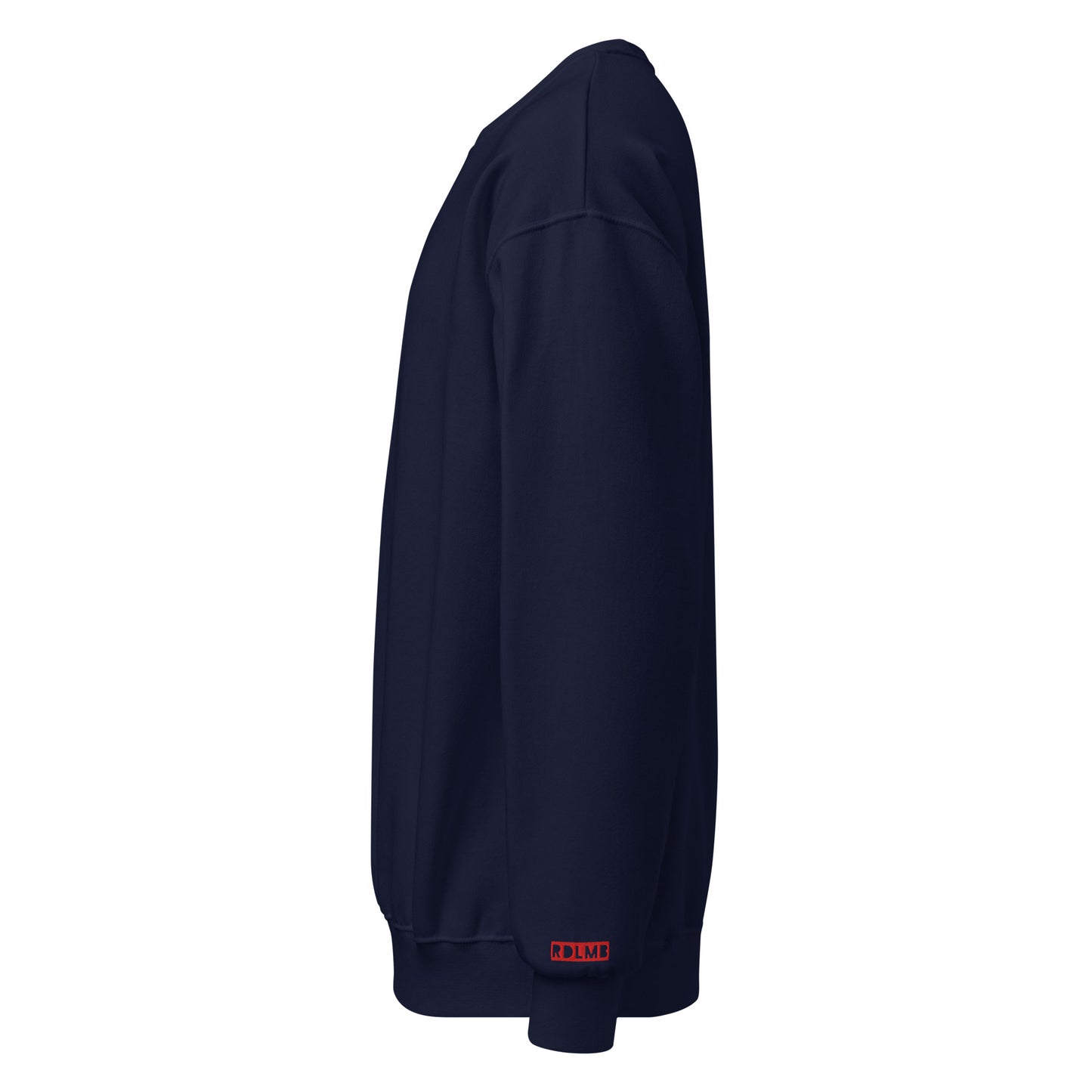 side view of "Nothing without Jesus Christ" embroidered on a Cozy navy sweatshirt by RedLamb